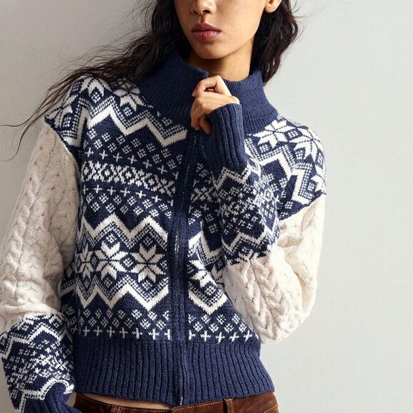 Womens Blue High Neck Zip up Fair Isle Print Chunky Cable Knit Cardigan - Picture 7 of 8